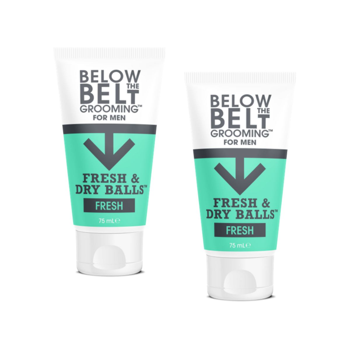 Two tubes of Below the Belt Grooming for Men Fresh & Dry Balls in packaging with a predominantly white design, green accents, and text indicating the product is a fresh fragrance pack.